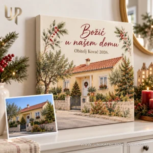 Personalizirana slika kuće na platnu - božićna uspomena na dom - Unikatni pokloni Personalizirana slika prigradske kućice na platnu s božićnim motivima i fotografijom kuće.