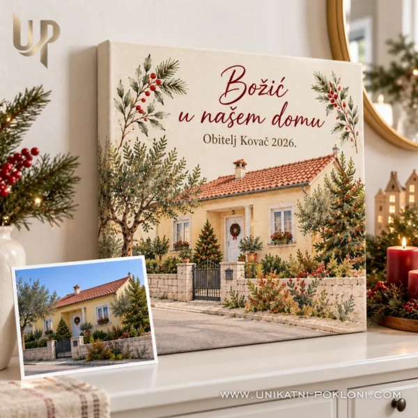 Personalizirana slika kuće na platnu - božićna uspomena na dom - Unikatni pokloni Personalizirana slika prigradske kućice na platnu s božićnim motivima i fotografijom kuće.