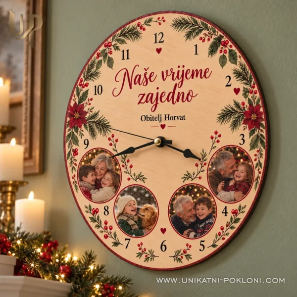 Personalizirani drveni sat s fotografijama - Naše vrijeme zajedno - Unikatni pokloni Božićni sat s obiteljskim fotografijama i prezimenom kao poklon baki i djedu.