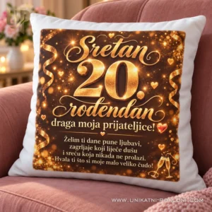 Personalizirani jastuk za 20. rođendan prijateljici na ružičastoj fotelji.