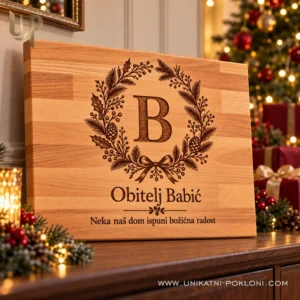 Personalizirana daska za rezanje - božićni poklon za obitelj - Unikatni pokloni Božićna daska obitelji Babić s inicijalom B uz ukrašeno drvce