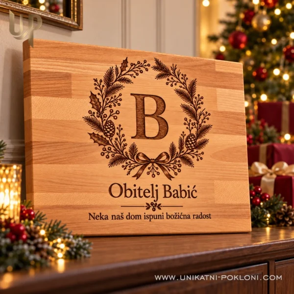 Personalizirana daska za rezanje - božićni poklon za obitelj - Unikatni pokloni Božićna daska obitelji Babić s inicijalom B uz ukrašeno drvce