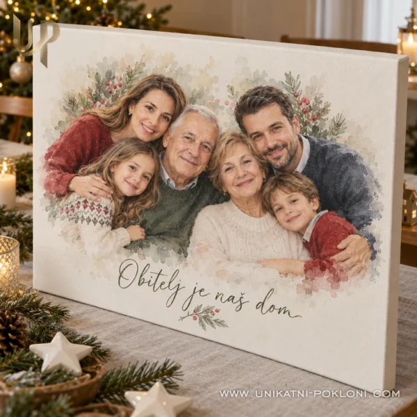 Obiteljski portret na platnu - personalizirani božićni poklon - Unikatni pokloni Obiteljska slika na platnu uz blagdanski stol i božićne ukrase.