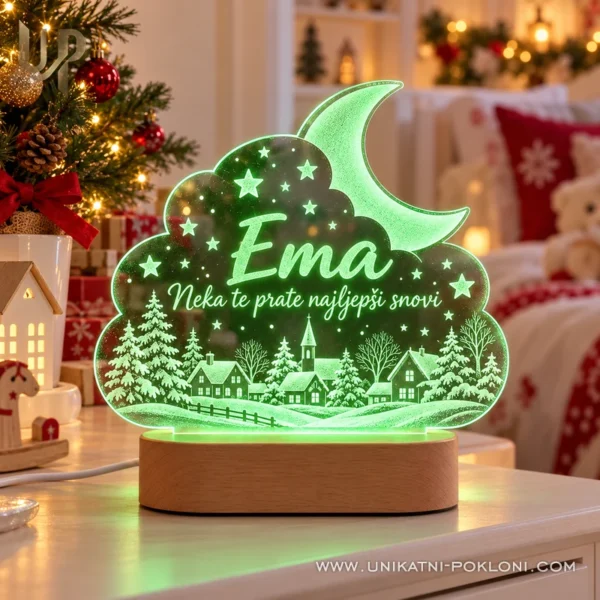 Božićna LED lampa sa zimskim selom - ime i posveta - Unikatni pokloni Zelena personalizirana LED lampa Ema s mjesecom i zimskim selom.