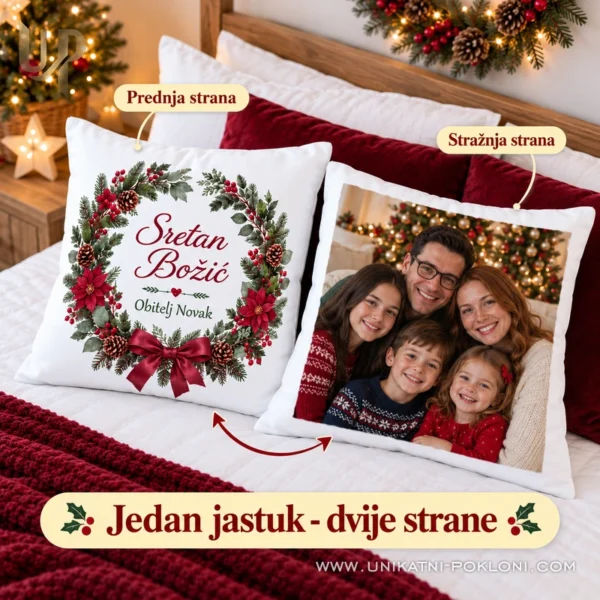 Dvije strane personaliziranog jastuka s prezimenom Novak u božićnoj spavaćoj sobi.