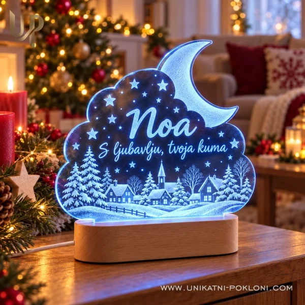 Božićna LED lampa sa zimskim selom - ime i posveta - Unikatni pokloni Plava LED lampa Noa s božićnom posvetom od kume.