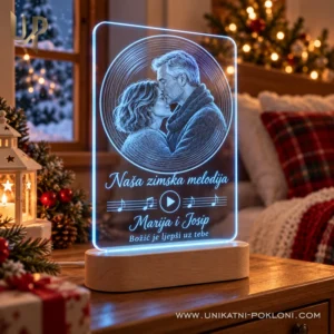 Božićna LED lampa za parove - fotografija na gramofonskoj ploči - Unikatni pokloni Plava lampa s fotografijom para Marija i Josip i posvetom Naša zimska melodija.