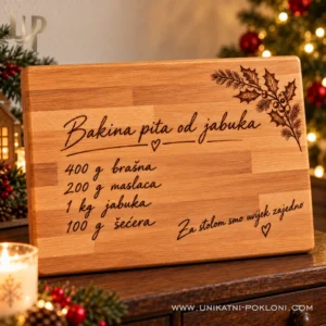 Daska s bakinim rukopisom - božićni poklon s receptom - Unikatni pokloni Bakina pita od jabuka kao gravirani recept na bukovoj dasci