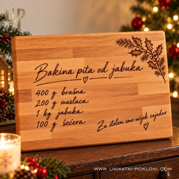 Daska s bakinim rukopisom - božićni poklon s receptom - Unikatni pokloni Bakina pita od jabuka kao gravirani recept na bukovoj dasci