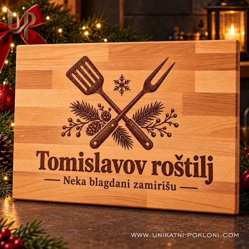 Personalizirana daska za roštilj - božićni poklon za majstora - Unikatni pokloni Detalj laserske gravure Tomislavov roštilj s božićnom porukom