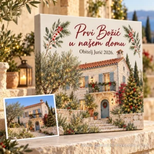 Personalizirana slika kuće na platnu - božićna uspomena na dom - Unikatni pokloni Personalizirana slika istarske kamene kuće na platnu s božićnim motivima i fotografijom kuće.