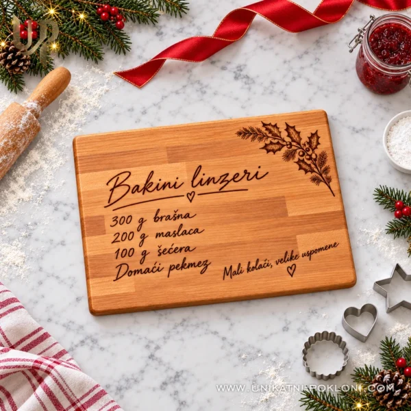 Daska s bakinim rukopisom - božićni poklon s receptom - Unikatni pokloni Personalizirana daska s bakinim linzerima na mramornom stolu