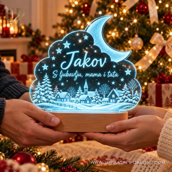 Božićna LED lampa sa zimskim selom - ime i posveta - Unikatni pokloni Darivanje tirkizno osvijetljene lampe Jakov s posvetom mame i tate.