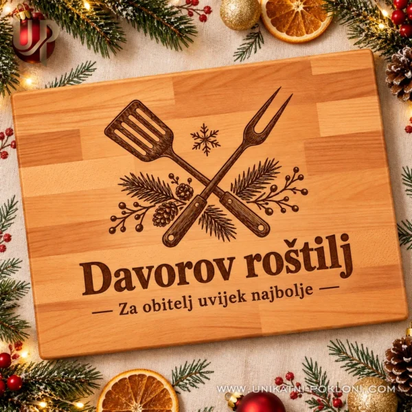 Personalizirana daska za roštilj - božićni poklon za majstora - Unikatni pokloni Davorov roštilj na personaliziranoj dasci, pogled odozgo uz božićne ukrase
