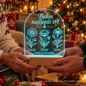 Tirkizna personalizirana lampa s imenima Lucija, David i Karlo prikazana u rukama.