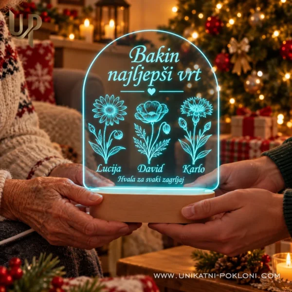 Tirkizna personalizirana lampa s imenima Lucija, David i Karlo prikazana u rukama.