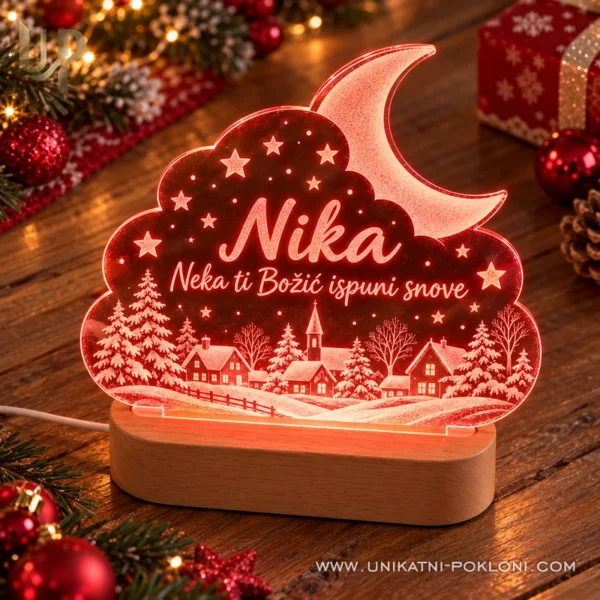 Božićna LED lampa sa zimskim selom - ime i posveta - Unikatni pokloni Crvena LED lampa Nika s mjesecom i porukom Neka ti Božić ispuni snove.