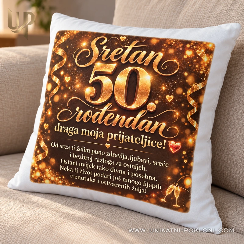 Personalizirani jastuk za 50. rođendan prijateljici u rođendanskom ambijentu.