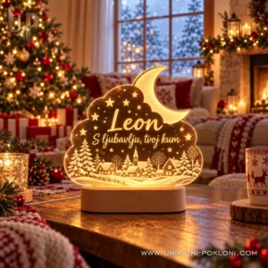 Božićna LED lampa sa zimskim selom - ime i posveta - Unikatni pokloni Žuta božićna lampa Leon s posvetom od kuma uz prozor i božićno drvce.