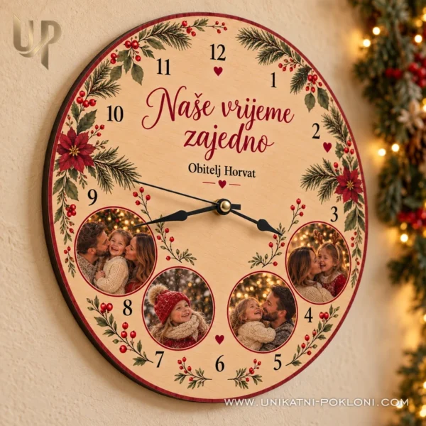 Personalizirani drveni sat s fotografijama - Naše vrijeme zajedno - Unikatni pokloni Detalj sata s fotografijama u okruglim poljima, crvenom posvetom i božićnim motivima.