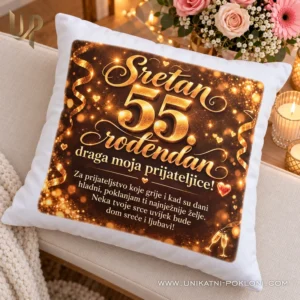 Jastuk sa zlatnim tiskanim brojem 55 i posvetom na ukrasnoj klupi.