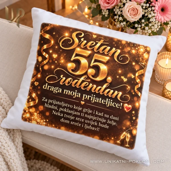 Jastuk sa zlatnim tiskanim brojem 55 i posvetom na ukrasnoj klupi.