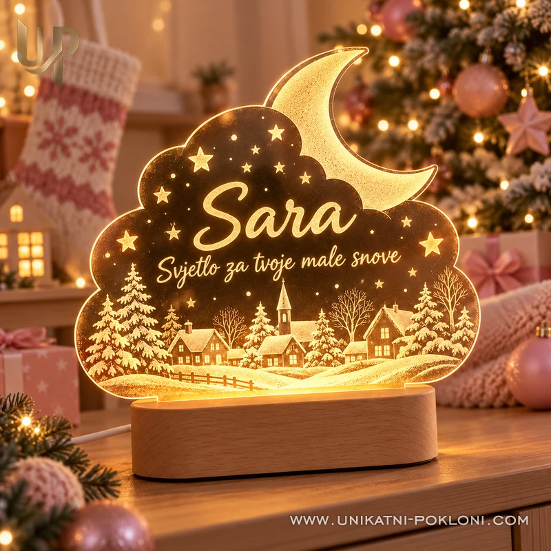 Božićna LED lampa sa zimskim selom - ime i posveta - Unikatni pokloni Toplo žuta personalizirana lampa Sara sa zimskim selom u božićnom ambijentu.