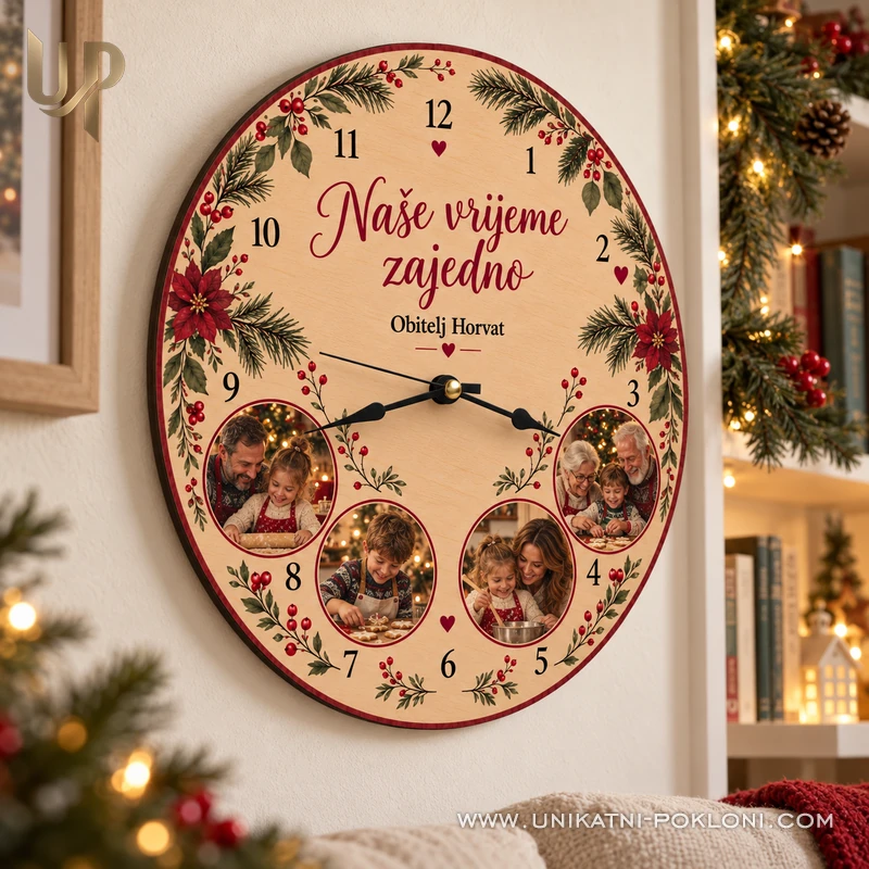Personalizirani drveni sat s fotografijama - Naše vrijeme zajedno - Unikatni pokloni Drveni sat Naše vrijeme zajedno uz božićno drvce i ukrašeni kamin.