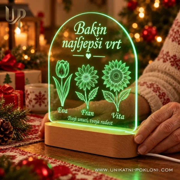 Zelena lampa Bakin najljepši vrt s imenima Ema, Fran i Mila uz božićno drvce.
