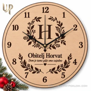 Personalizirani drveni sat s inicijalom H i prezimenom Horvat na bijeloj pozadini.
