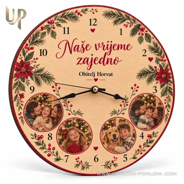 11-personalizirani-drveni-sat-s-fotografijama-frontalno-bijela-pozadina Okrugli drveni sat s četiri fotografije i tekstom Naše vrijeme zajedno na bijeloj pozadini.