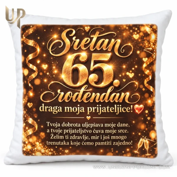 Frontalni prikaz bijelog jastuka s posvetom prijateljici za 65. rođendan na bijeloj pozadini.