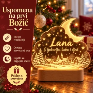 Božićna LED lampa sa zimskim selom - ime i posveta - Unikatni pokloni Prednosti personalizirane božićne lampe: ime po želji, osobna posveta i uspomena na prvi Božić.
