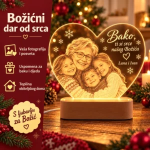 Božićna LED lampa srce - poklon za baku, djeda i obitelj - Unikatni pokloni Prednosti personalizirane božićne lampe: vaša fotografija i posveta te uspomena za baku i djeda