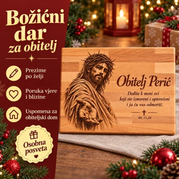 Personalizirana daska s Isusom - vjerski poklon za obitelj - Unikatni pokloni Božićni dar za obitelj s prezimenom, porukom vjere i osobnom posvetom