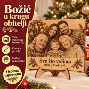 Obiteljski portret na drvu - gravirani božićni poklon - Unikatni pokloni Božićni obiteljski portret na drvu s istaknutom personalizacijom fotografije i posvete.