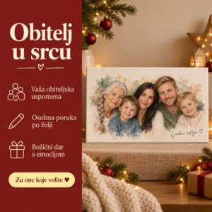 Obiteljski portret na platnu - personalizirani božićni poklon - Unikatni pokloni Obitelj u srcu - obiteljska uspomena, osobna poruka i božićni dar s emocijom.