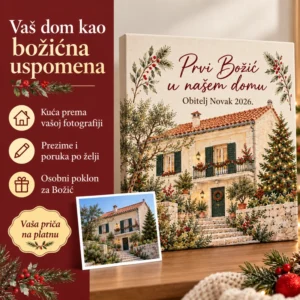 Personalizirana slika kuće na platnu - božićna uspomena na dom - Unikatni pokloni Božićna uspomena na dom: kuća prema fotografiji, prezime i poruka po želji.