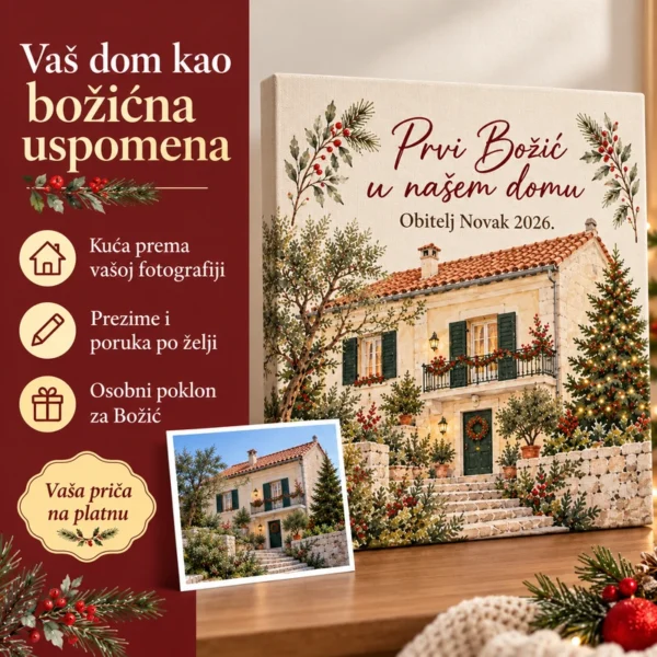Personalizirana slika kuće na platnu - božićna uspomena na dom - Unikatni pokloni Božićna uspomena na dom: kuća prema fotografiji, prezime i poruka po želji.