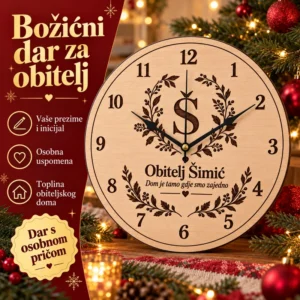 Personalizirani drveni sat s prezimenom - božićni poklon za obitelj - Unikatni pokloni Božićni dar za obitelj: sat s osobnom pričom, prezimenom i posvetom.