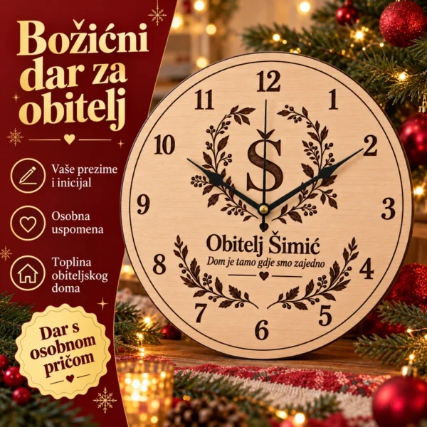 Personalizirani drveni sat s prezimenom - božićni poklon za obitelj - Unikatni pokloni Božićni dar za obitelj: sat s osobnom pričom, prezimenom i posvetom.