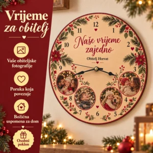 Personalizirani drveni sat s fotografijama - Naše vrijeme zajedno - Unikatni pokloni Prednosti obiteljskog sata: vaše fotografije, osobna poruka i božićna uspomena za dom.