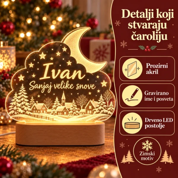 Božićna LED lampa sa zimskim selom - ime i posveta - Unikatni pokloni Detalji izrade lampe sa zimskim selom: prozirni akril, gravirano ime i drveno LED postolje.