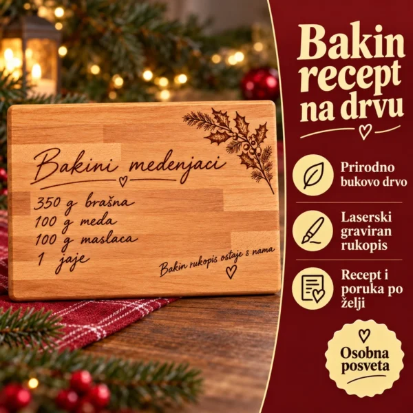 Daska s bakinim rukopisom - božićni poklon s receptom - Unikatni pokloni Bakin recept na drvu - bukova daska s laserskom gravurom i porukom po želji