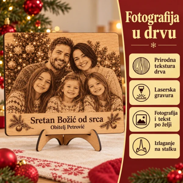 Obiteljski portret na drvu - gravirani božićni poklon - Unikatni pokloni Prikaz drvene teksture, laserske gravure, fotografije i teksta po želji na obiteljskom portretu.