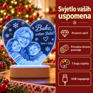 Božićna LED lampa srce - poklon za baku, djeda i obitelj - Unikatni pokloni Značajke LED lampe u obliku srca: prozirni akril, drveno postolje, sedam boja i USB napajanje