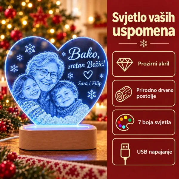 Božićna LED lampa srce - poklon za baku, djeda i obitelj - Unikatni pokloni Značajke LED lampe u obliku srca: prozirni akril, drveno postolje, sedam boja i USB napajanje