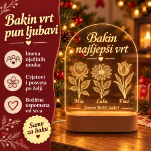 Prednosti lampe Bakin vrt: imena unuka, cvjetovi i posveta po želji te božićna uspomena.