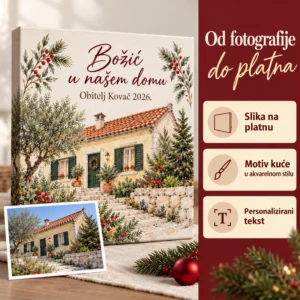 Personalizirana slika kuće na platnu - božićna uspomena na dom - Unikatni pokloni Od fotografije do platna: slika kuće u akvarelnom stilu i personalizirani tekst.
