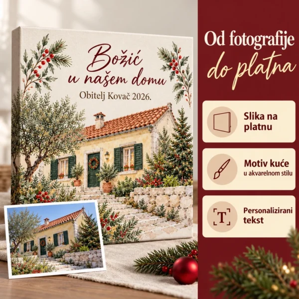 Personalizirana slika kuće na platnu - božićna uspomena na dom - Unikatni pokloni Od fotografije do platna: slika kuće u akvarelnom stilu i personalizirani tekst.